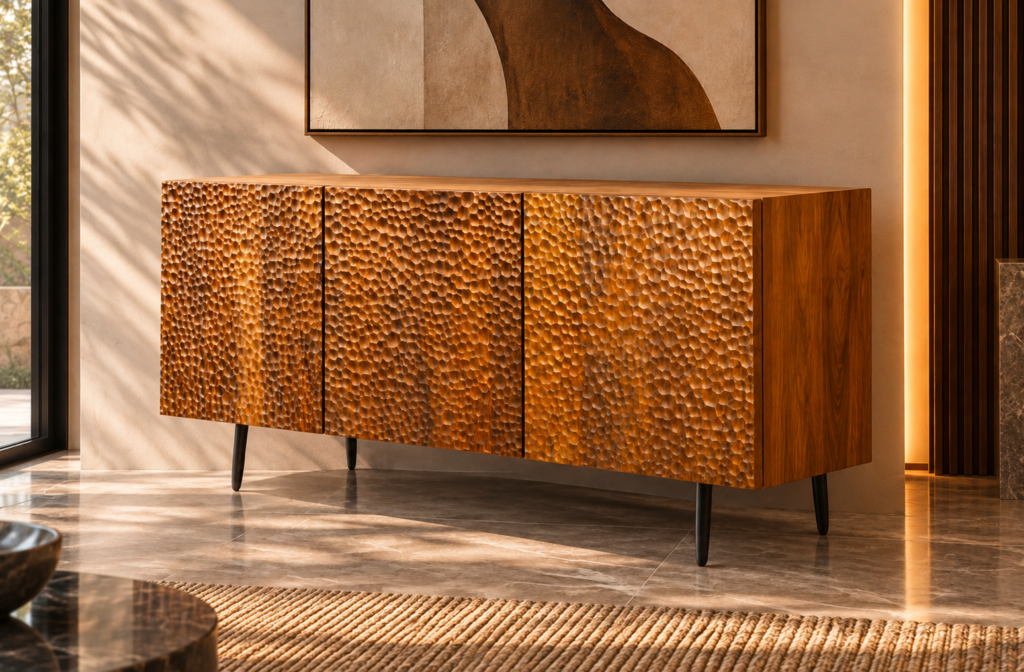 Angled view of the Lunar Spec bar cabinet in a warm brown wood finish, showing three textured doors, a smooth top, visible grain along the side and dark tapered legs.