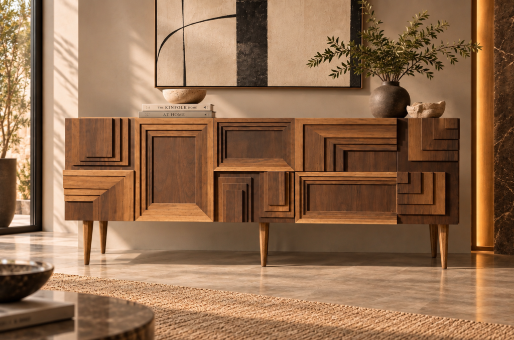Front view of the Labyrinth bar cabinet in a warm brown wood finish, featuring stepped rectangular borders, recessed geometric panels, a straight top and tapered legs with a centre support.