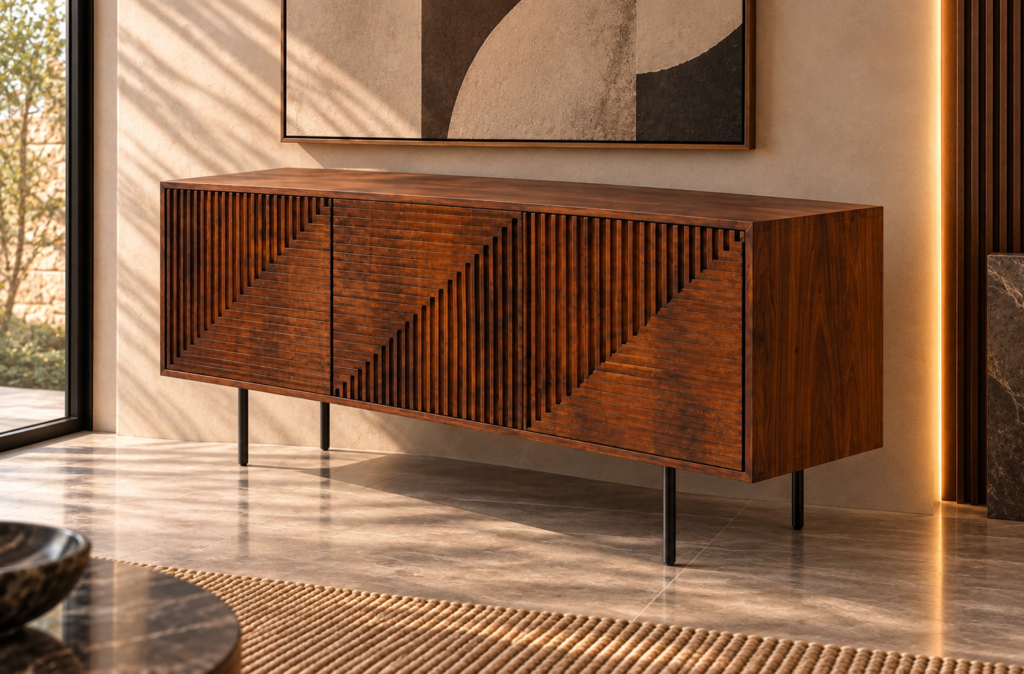 Angled view of the Rhythm bar cabinet in a warm brown wood finish, showing three grooved doors with diagonal divisions, a smooth top and right side, and slim dark legs.