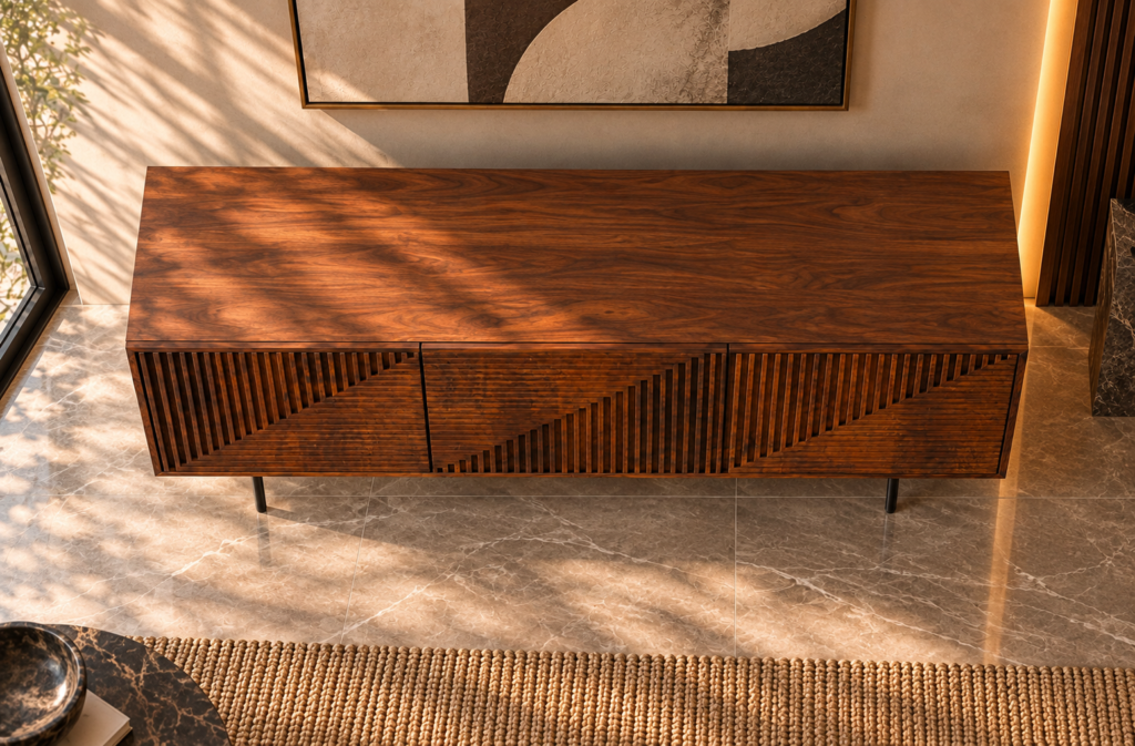Elevated view of the Rhythm bar cabinet in a warm brown wood finish, with a broad grained top, three doors patterned with horizontal and vertical grooves, and slim dark legs.