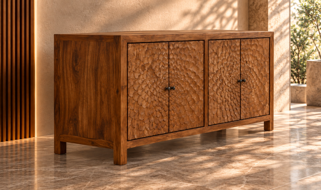Angled view of the Rosette bar cabinet in a warm brown wood finish, showing four floral-patterned doors, dark round knobs, a smooth left side with visible grain and square legs.