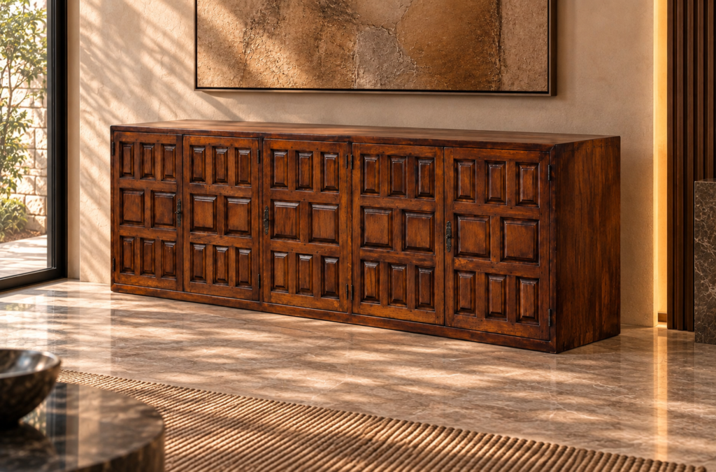 Angled view of the Porticco bar cabinet in a warm brown wood finish, showing panelled doors, dark decorative handles, exposed hinges and a plain right side with visible grain.