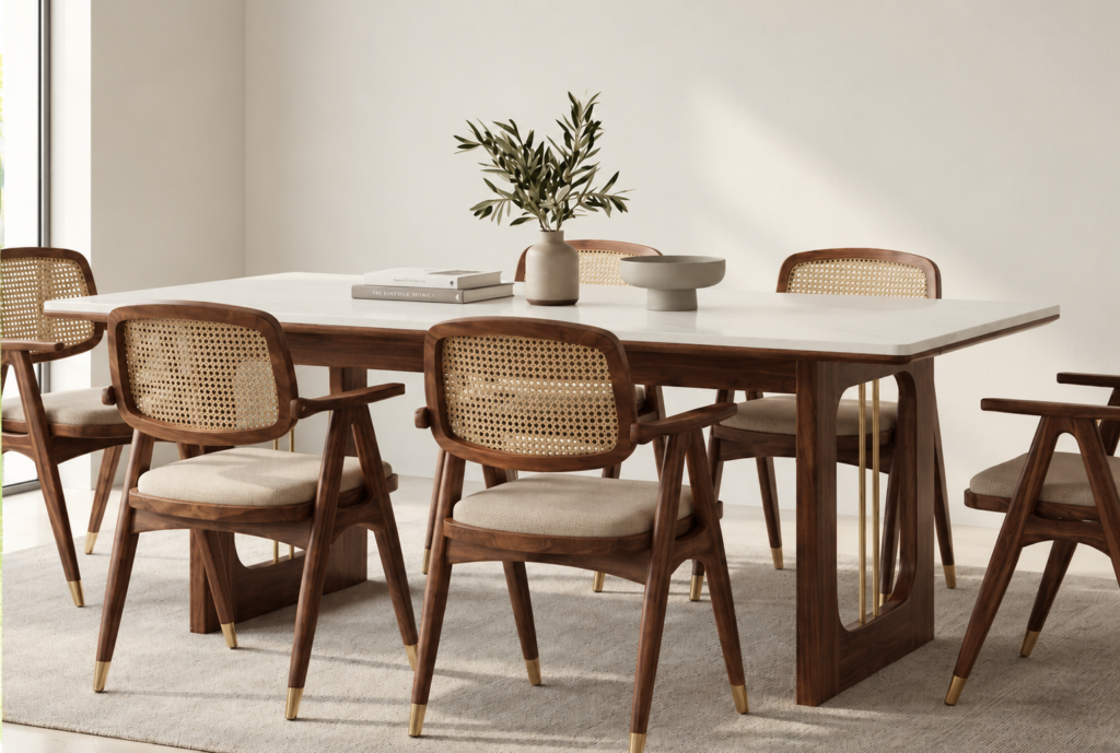 Angled view of the OREN dining table with an ivory top, brown wood finish supports and vertical gold accents, paired with six chairs featuring woven cane backs and beige upholstered seats.