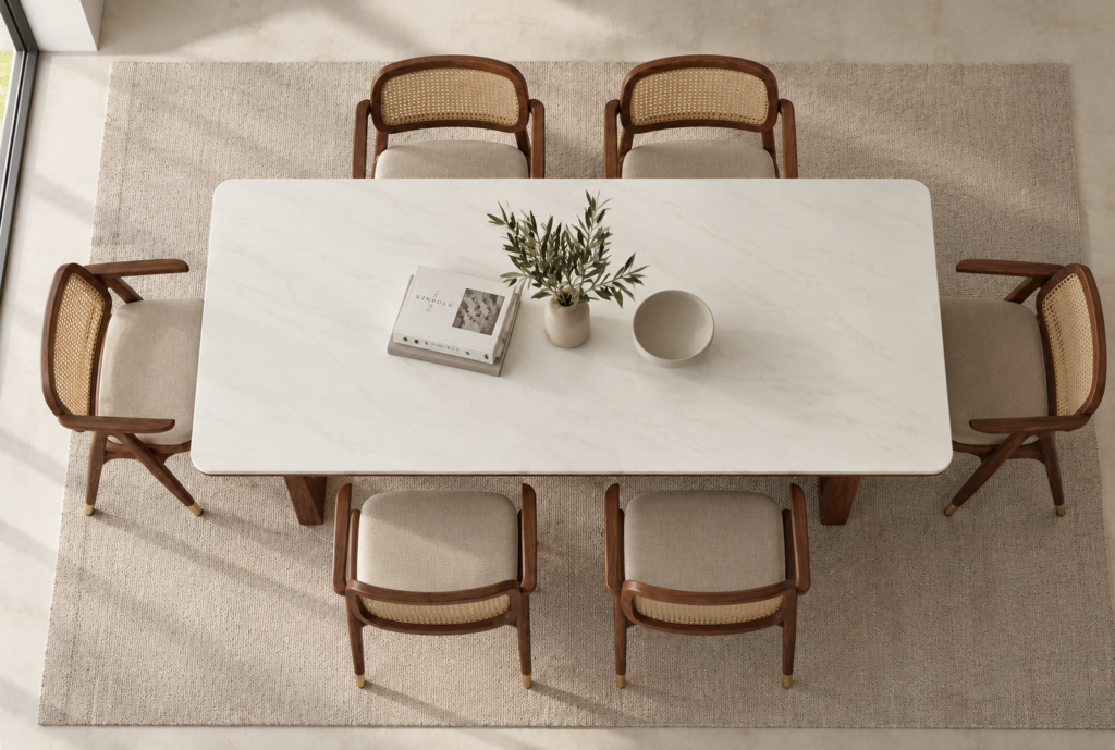 Top view of the OREN dining table with an ivory rectangular tabletop, subtle veining and rounded corners, surrounded by six chairs with cane backs and beige upholstered seats.