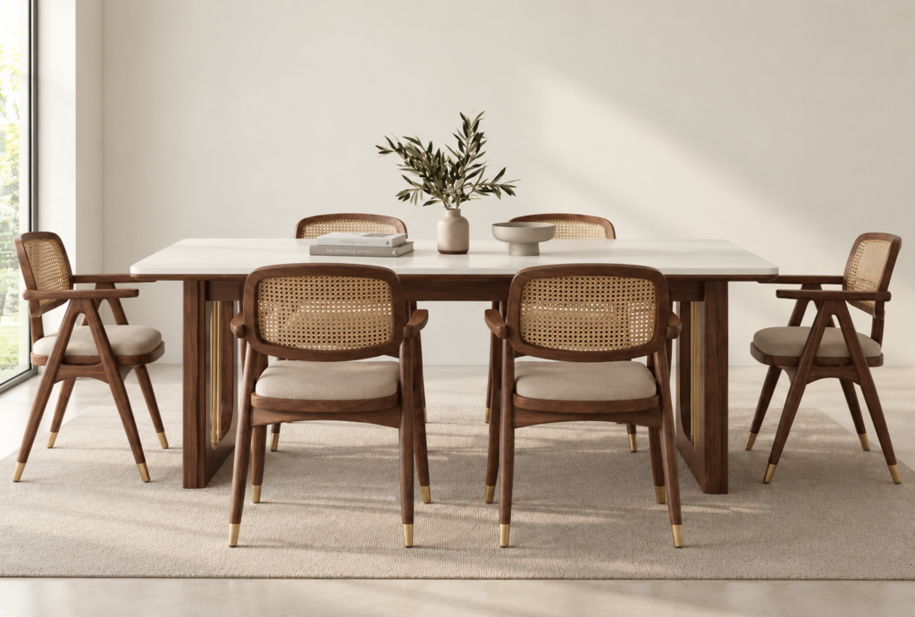 Front view of the OREN dining table with an ivory rectangular top, brown wood finish supports and gold accents, surrounded by six chairs with woven cane backs and beige upholstered seats.