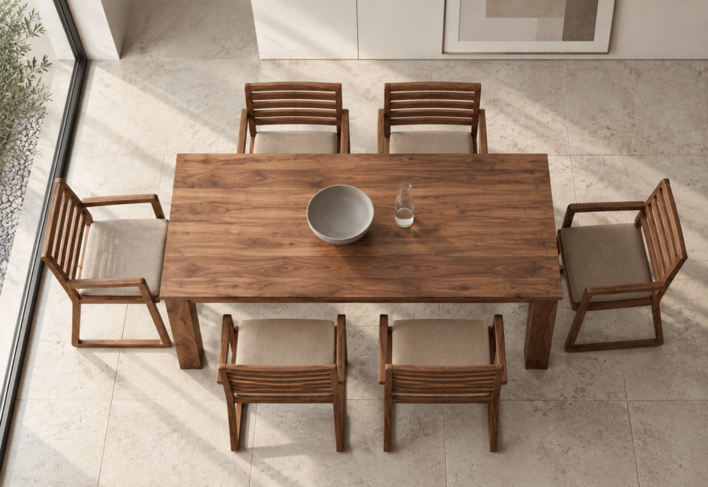 Top view of the TERRA dining table with a rectangular brown wood grain tabletop, surrounded by six armchairs with horizontal slatted backs, beige upholstered seats and matching wood finish frames.