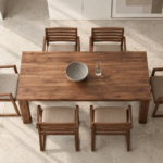 Top view of the TERRA dining table with a rectangular brown wood grain tabletop, surrounded by six armchairs with horizontal slatted backs, beige upholstered seats and matching wood finish frames.