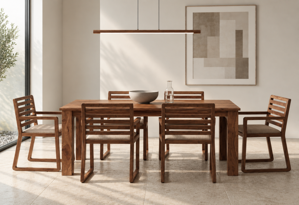 Front view of the TERRA dining table in a warm brown wood finish, featuring a rectangular top and broad legs, paired with six slatted armchairs with beige upholstered seats and sled bases.