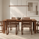 Front view of the TERRA dining table in a warm brown wood finish, featuring a rectangular top and broad legs, paired with six slatted armchairs with beige upholstered seats and sled bases.