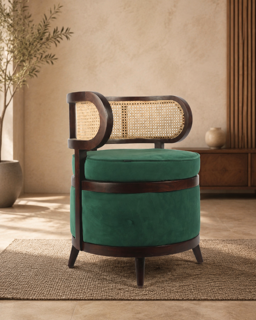 Rear angled view of the BASELINE chair with a dark-finished acacia wood frame, wraparound cane back and deep green upholstered seat.