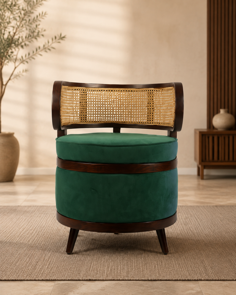 Front view of the BASSELINE chair with a dark-finished acacia wood frame, curved natural cane backrest and deep green upholstered seat.