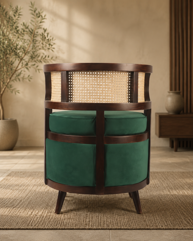 Rear view of the BASSELINE chair with a dark-finished acacia wood frame, wraparound cane back and deep green upholstered body.