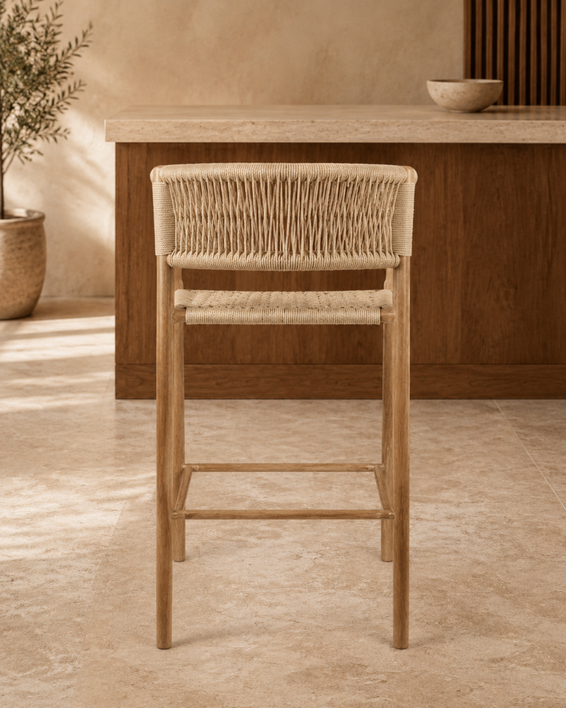Rear view of the BAR GARDENIA chair with a natural-finished acacia wood frame, handwoven rope back and matching woven seat.