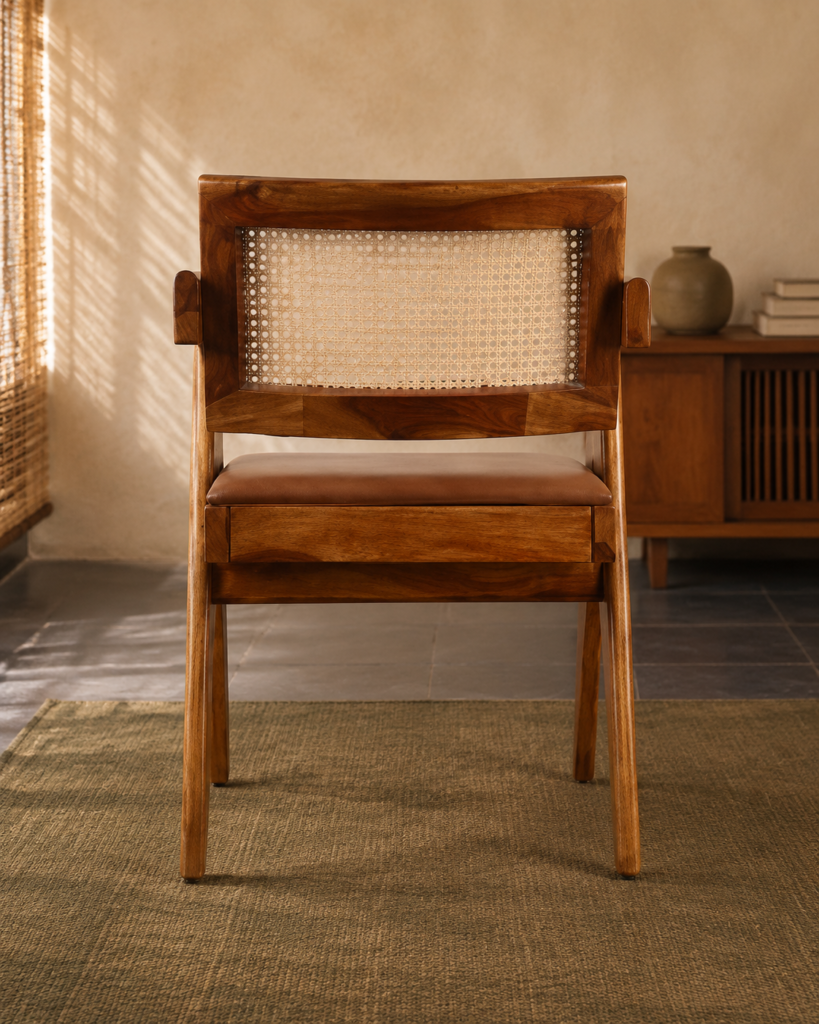 Back view of the OAKINAVA chair with a solid acacia wood frame, natural cane backrest and brown art leather upholstered seat.