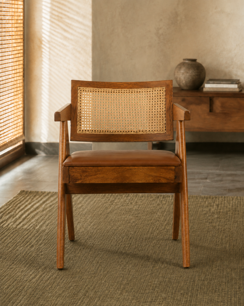 Front view of the OAKINAVA chair with a solid acacia wood frame, natural cane backrest, short arms and brown art leather seat.