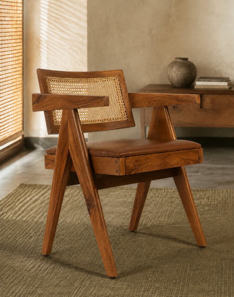 Angled side view of the OAKINAVA chair with an acacia wood frame, woven cane backrest, extended arms and brown art leather seat.