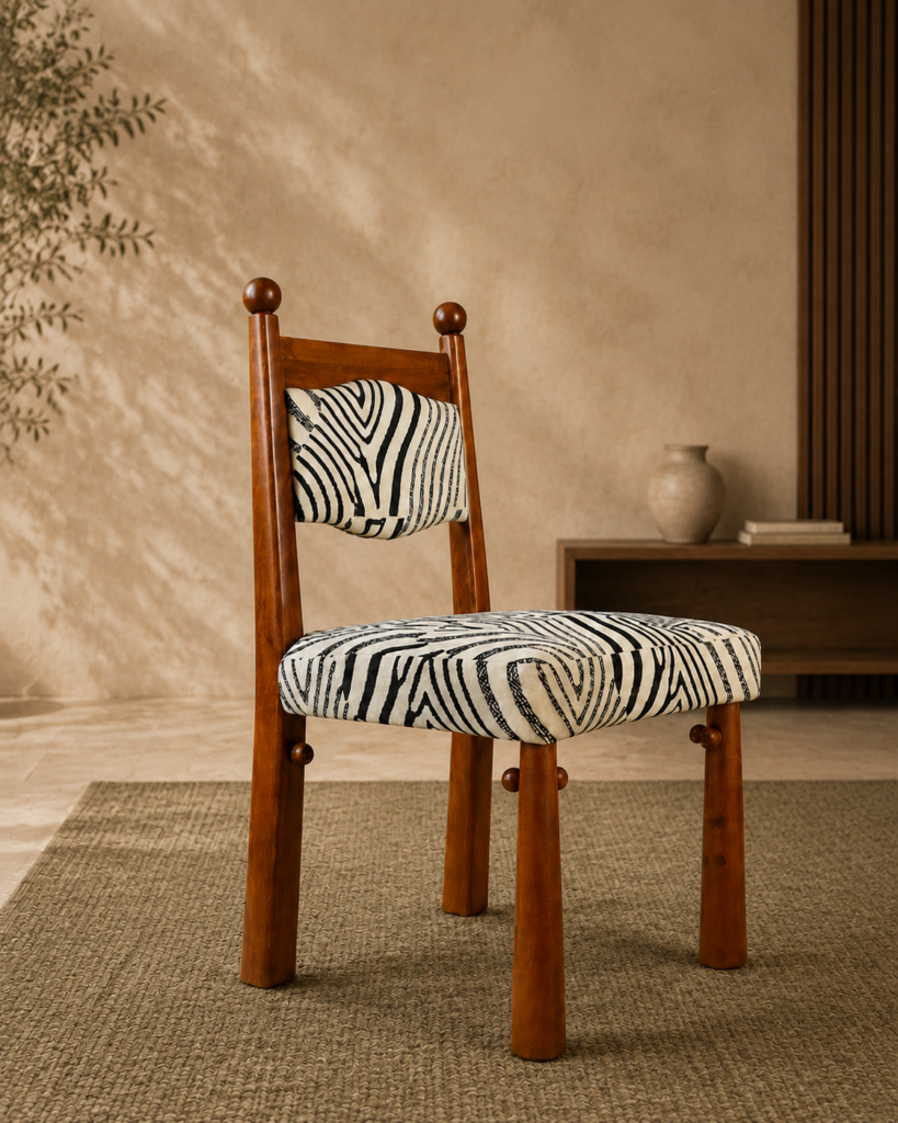 ZEBRONA acacia wood chair with a black-and-ivory zebra-pattern upholstered seat and backrest.