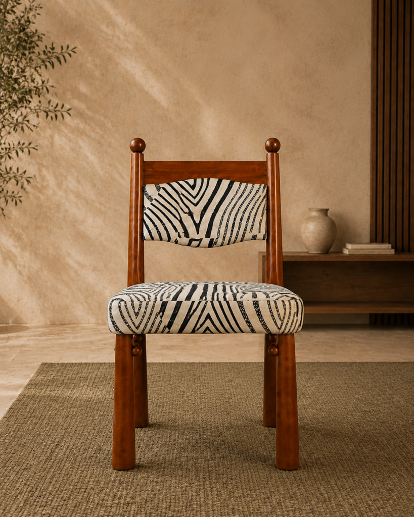 Front view of the ZEBRONA acacia wood chair with a black-and-ivory patterned upholstered seat and backrest.
