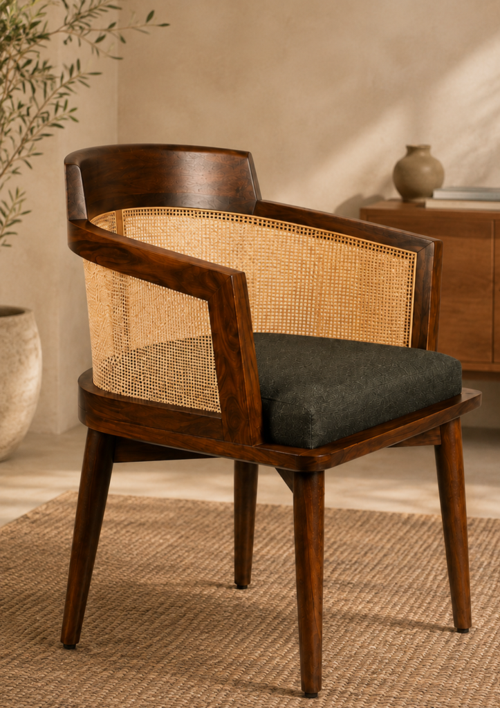 Angled rear view of the Caneya chair featuring a dark Caneya wood frame, natural cane backrest and upholstered seat.