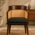 Front view of the Caneya chair featuring a dark-finished Caneya wood frame, natural cane backrest and cushioned upholstered seat.