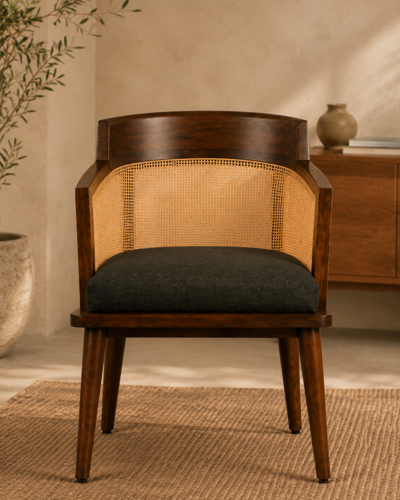 Front view of the Caneya chair featuring a dark-finished Caneya wood frame, natural cane backrest and cushioned upholstered seat.