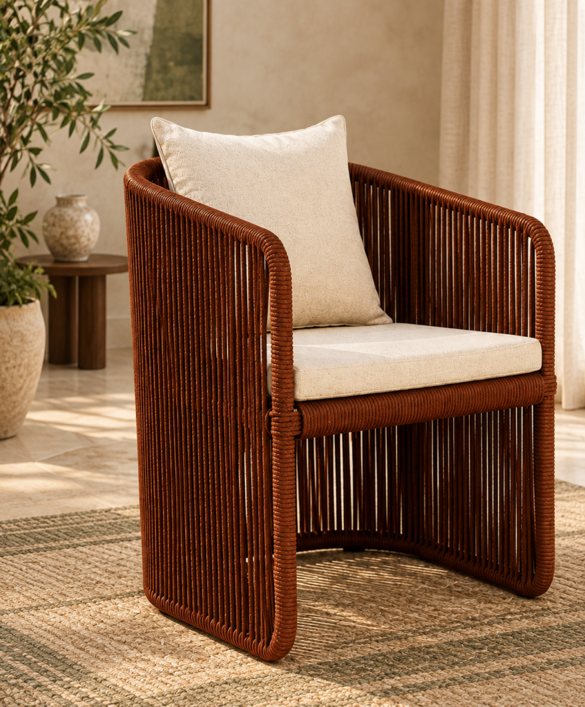 Angled front view of the Harmonica chair featuring closely spaced vertical cordwork, a dark brown wrapped frame and ivory upholstered cushions.