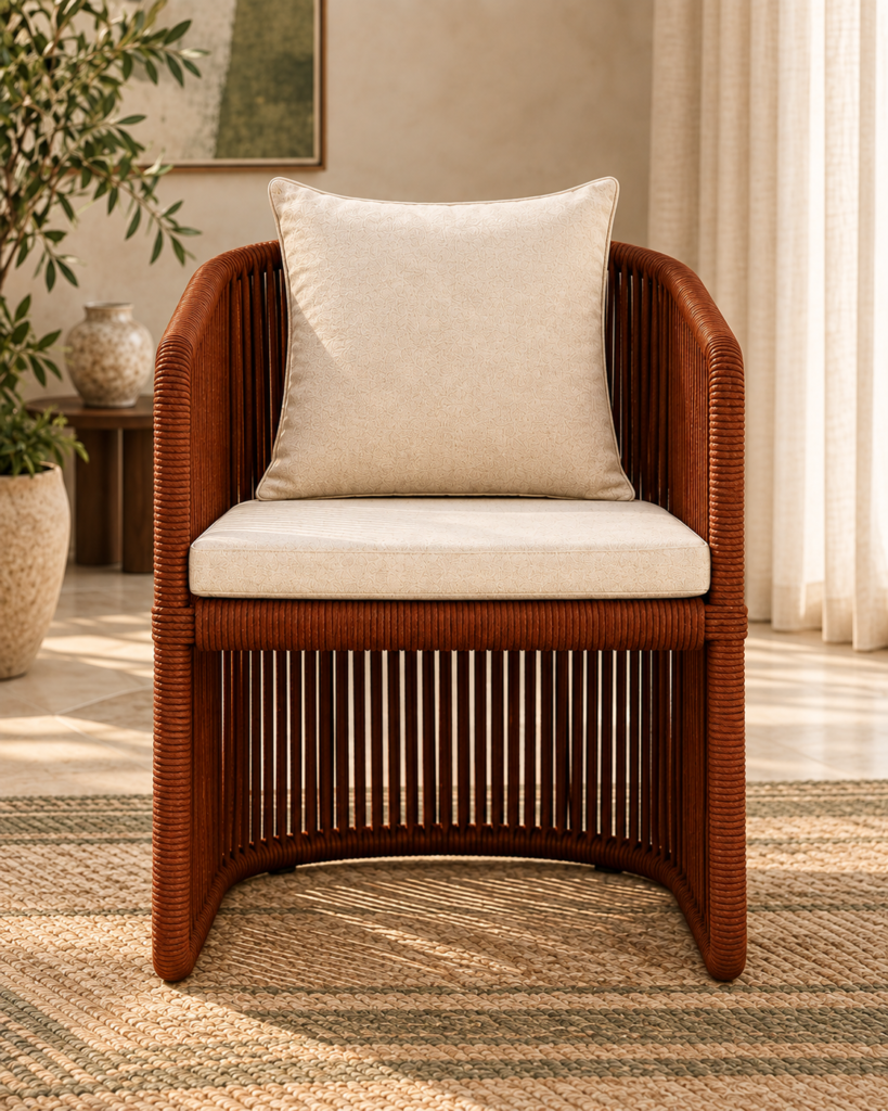 Front view of the Harmonica chair with a dark brown cord-wrapped frame, vertical strand detailing and ivory upholstered cushions.