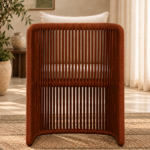 Rear view of the Harmonica chair showing its dark brown cord-wrapped frame, closely spaced vertical strands and ivory back cushion.