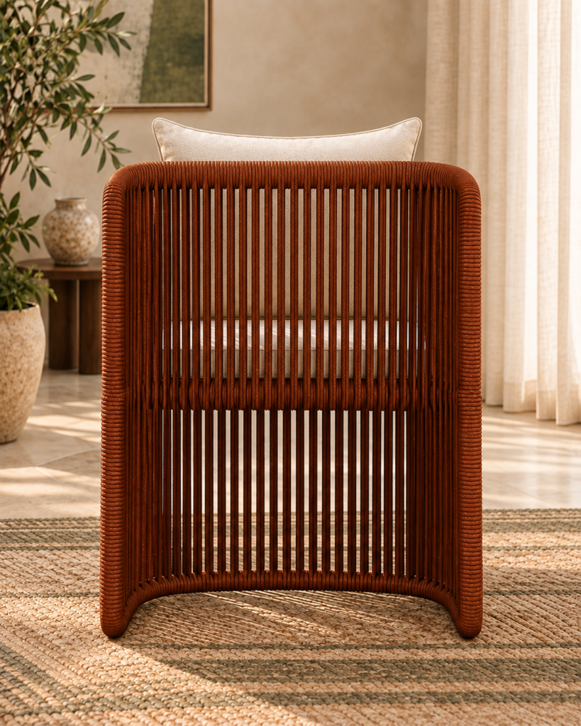 Rear view of the Harmonica chair showing its dark brown cord-wrapped frame, closely spaced vertical strands and ivory back cushion.