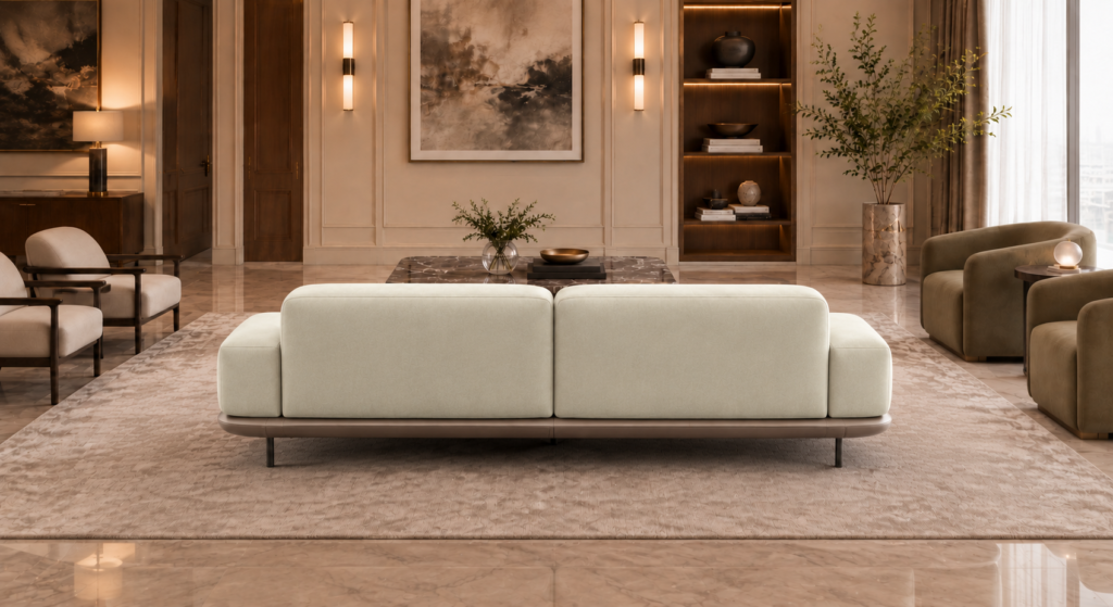 Rear view of the Continentale sofa in ivory Aston 902 upholstery, showing two broad back panels, low arms, a slim brown base and dark legs.
