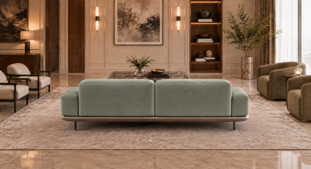 Rear view of the Continentale sofa in sage-green Aston 922 upholstery, with two broad back panels, low arms, a brown base and slim dark legs.