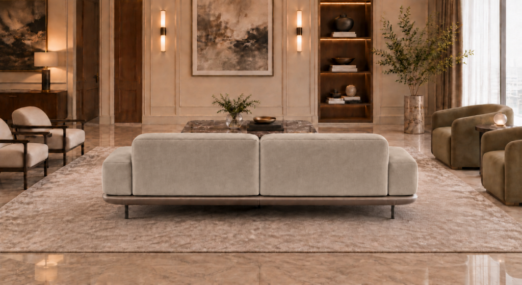 Rear view of the Continentale sofa in light beige Aston 924 upholstery, with two broad back panels, low padded arms, a brown base and slim dark legs.
