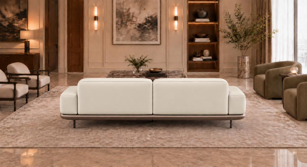 Rear view of the Continentale sofa in ivory Phantom 102 upholstery, with two broad back panels, low padded arms, a brown base and slim dark legs.