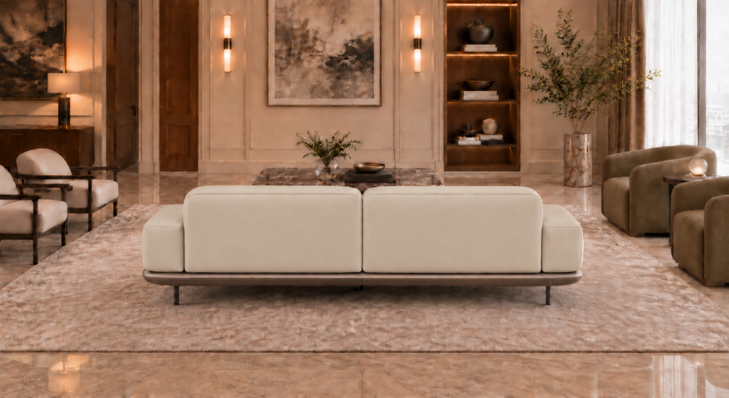 Rear view of the Continentale sofa in beige Phantom 104 leatherette, with two broad back panels, low padded arms, a teak finish base and slim dark legs.