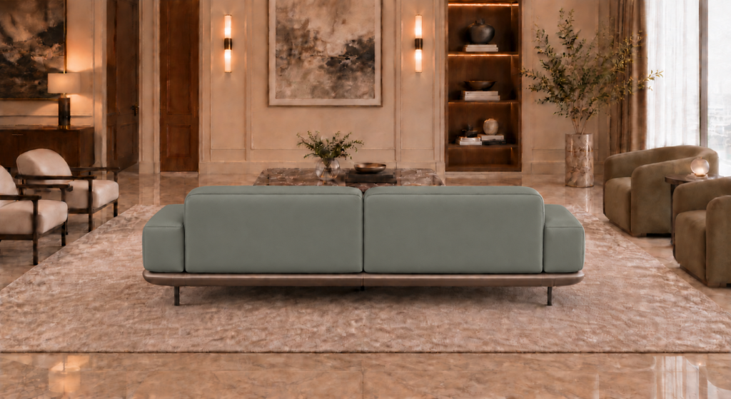 Rear view of the Continentale sofa in grey-green Phantom 124 leatherette, with two rounded back panels, low padded arms, a teak finish base and slim dark legs.