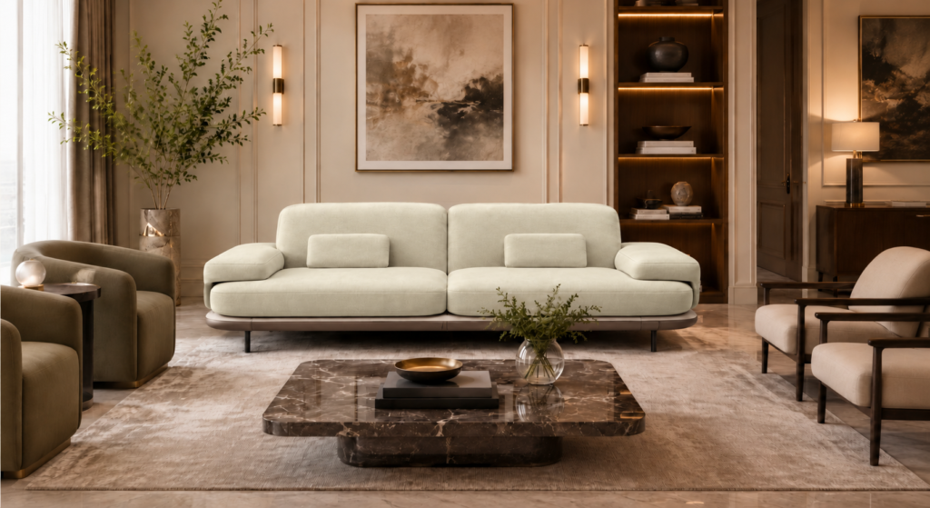 Front view of the Continentale sofa in ivory Aston 902 upholstery, with two broad seats, padded arms, rectangular lumbar cushions and slim dark legs.