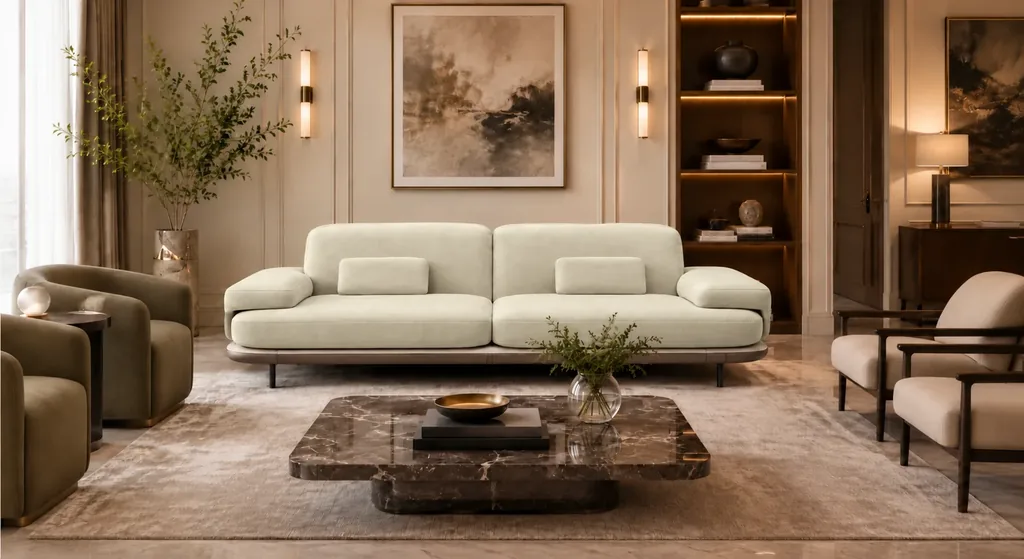 Front view of the Continentale sofa in ivory Aston 902 upholstery, with two broad seats, padded arms, rectangular lumbar cushions and slim dark legs.