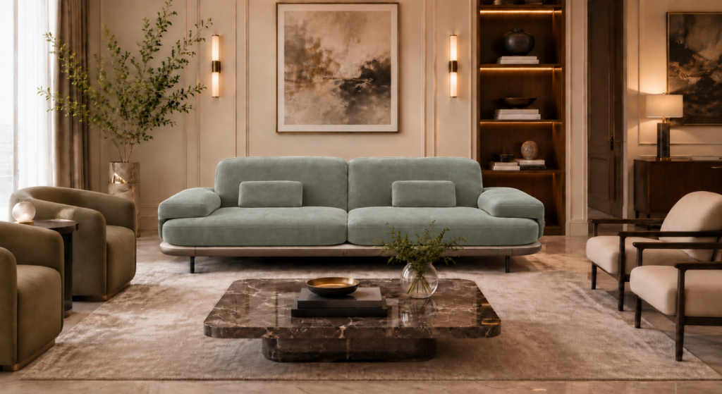 Front view of the Continentale sofa in sage-green Aston 922 upholstery, with two broad seats, padded arms, lumbar cushions and a slim brown base.