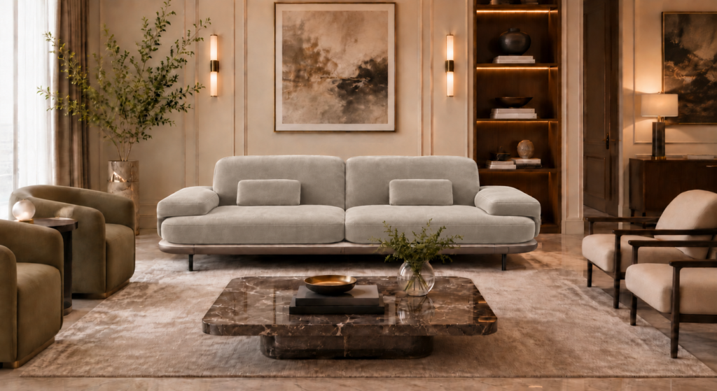 Front view of the Continentale sofa in light beige Aston 924 upholstery, with two broad seats, wide padded arms, rectangular lumbar cushions and a slim brown base.