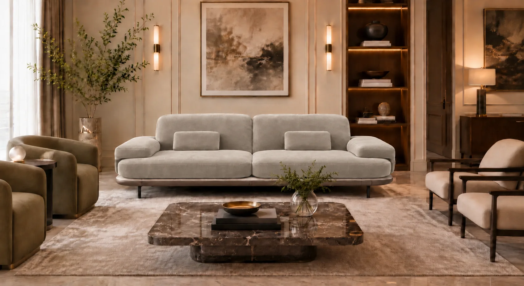 Front view of the Continentale sofa in light beige Aston 924 upholstery, with two broad seats, wide padded arms, rectangular lumbar cushions and a slim brown base.