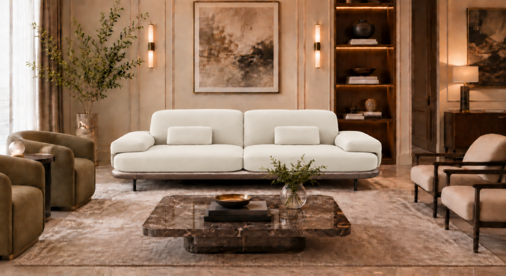 Front view of the Continentale sofa in ivory Phantom 102 leatherette, with broad seats, padded arms, rectangular lumbar cushions and a teak finish base.
