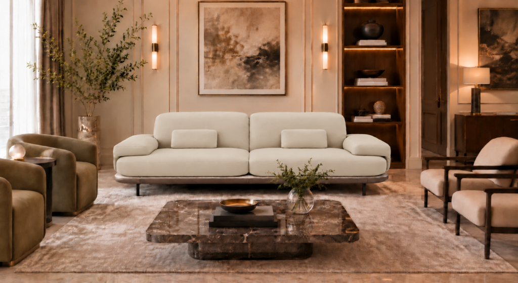 Front view of the Continentale sofa in beige Phantom 104 leatherette, with two broad seats, padded arms, rectangular lumbar cushions and a teak finish base.