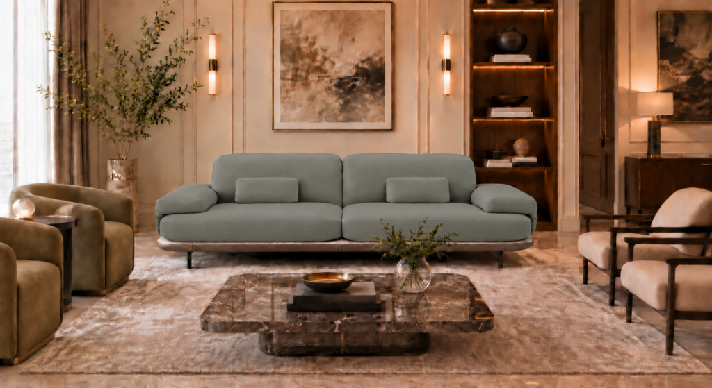 Front view of the Continentale sofa in grey-green Phantom 124 leatherette, with two broad seats, rectangular lumbar cushions, padded arms, a teak finish base and slim dark legs.