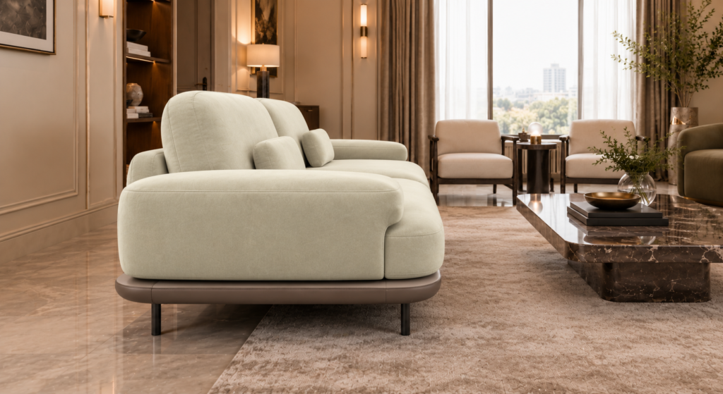 Side view of the Continentale sofa in ivory Aston 902 upholstery, showing a wide padded arm, deep seat, brown base and slim dark legs.