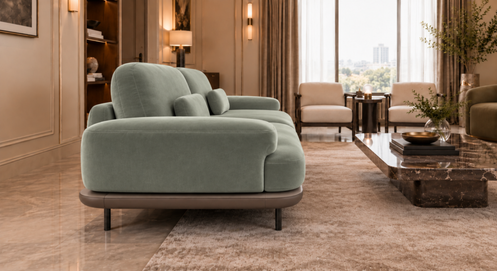 Side view of the Continentale sofa in sage-green Aston 922 upholstery, with a wide padded arm, deep seat, brown base and slim dark legs.