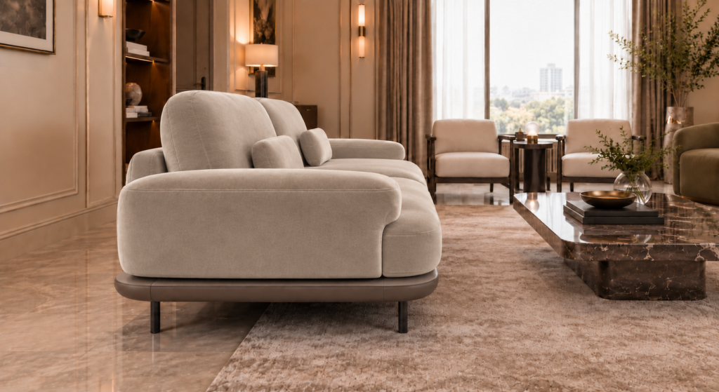 Side view of the Continentale sofa in light beige upholstery, with a broad padded arm, deep seat, angled back cushions and a brown base on slim dark legs.