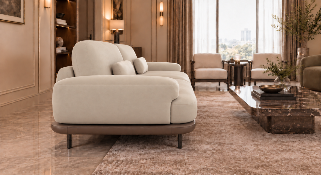 Side view of the Continentale sofa in beige Phantom 104 leatherette, with a broad padded arm, deep seat, teak finish base and slim dark legs.