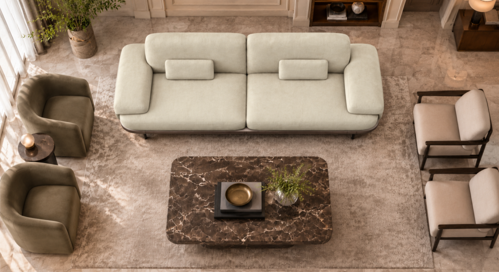 Top view of the Continentale sofa in ivory Aston 902 upholstery, with two broad seat cushions, wide padded arms and matching rectangular lumbar cushions.