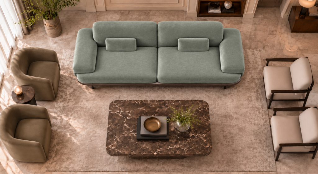 Top view of the Continentale sofa in sage-green Aston 922 upholstery, with two broad seats, wide padded arms and matching rectangular lumbar cushions.