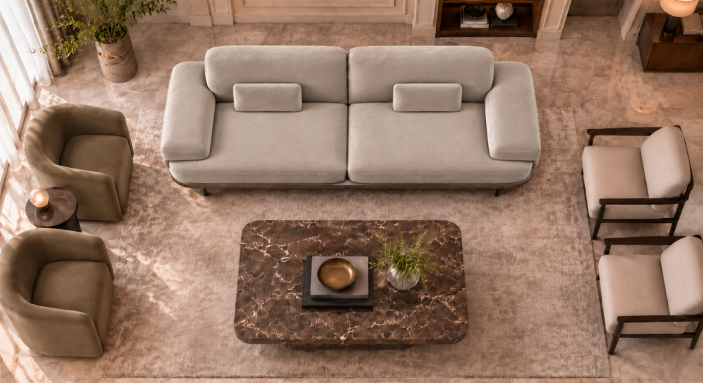 Top view of the Continentale sofa in light beige Aston 924 upholstery, featuring two broad seats, wide padded arms and matching rectangular lumbar cushions.